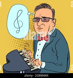 un homme joue un piano jouet, un compositeur interprète un concert Illustration de Vecteur