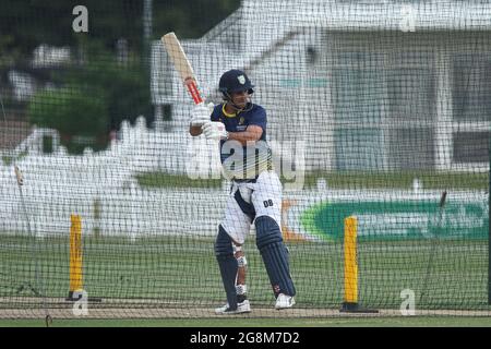 BECKENHAM, ROYAUME-UNI. 21 JUILLET. David Bedingham de Durham chauves-souris pendant la séance d'entraînement et de filets de Durham avant le match de la coupe Royale de Londres avec Kent au terrain du comté, Beckenham, le mercredi 21 juillet 2021. (Crédit : will Matthews | MI News) crédit : MI News & Sport /Alay Live News Banque D'Images