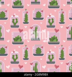 Plantes de terrarium modèle sans couture. Cactus succulent florarium dans vase en verre avec carte cadeau coeur, terrariums mignons avec plantes exotiques, cactus dans le bo Illustration de Vecteur