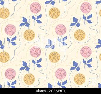 Motif sans couture avec fleurs, feuilles et lignes de rose en spirale abstraites. Bleu rose jaune minimal fleurs dessinées à la main mignon pastel fond pour textile v Illustration de Vecteur