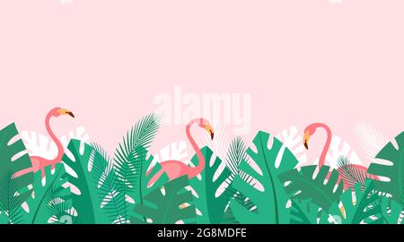 Motif horizontal répété avec plantes tropicales et flamants roses. Arrière-plan d'été avec feuilles de palmier vertes. Papier peint simple, papier peint vectoriel Illustration de Vecteur