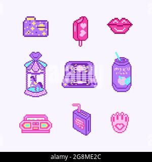 Objets pixel art 8 bits. Supports de jeux numériques rétro. Ensemble d'icônes de mode roses. Autocollants girly vintage. Vidéo d'arcade. Personnages dinosaure poney Illustration de Vecteur