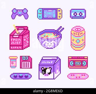 Objets pixel art 8 bits. Supports de jeux numériques rétro. Ensemble d'icônes de mode roses. Autocollants girly vintage. Vidéo d'arcade. Personnages dinosaure poney Illustration de Vecteur