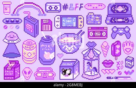 Objets pixel art 8 bits. Supports de jeux numériques rétro. Ensemble d'icônes de mode roses. Autocollants girly vintage. Vidéo d'arcade. Personnages dinosaure poney Illustration de Vecteur