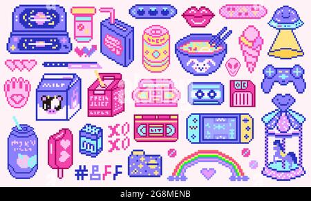 Objets pixel art 8 bits. Supports de jeux numériques rétro. Ensemble d'icônes de mode roses. Autocollants girly vintage. Vidéo d'arcade. Personnages dinosaure poney Illustration de Vecteur