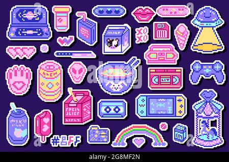 Objets pixel art 8 bits. Supports de jeux numériques rétro. Ensemble d'icônes de mode roses. Autocollants girly vintage. Vidéo d'arcade. Personnages dinosaure poney Illustration de Vecteur