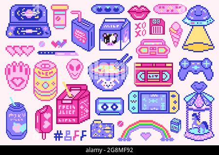 Objets pixel art 8 bits. Supports de jeux numériques rétro. Ensemble d'icônes de mode roses. Autocollants girly vintage. Vidéo d'arcade. Personnages dinosaure poney Illustration de Vecteur