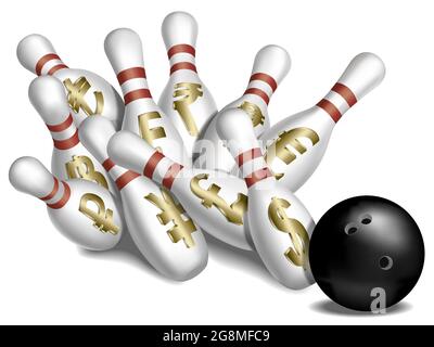 Illustration vectorielle de tenpins, représentant différentes devises, renversés par un bowling Illustration de Vecteur