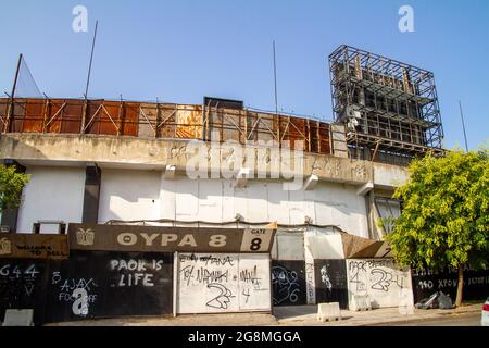 Thessalonique, Grèce, 15 juillet 2021. PAOK est un club de football grec fondé en 1926 et basé dans la ville de Thessalonique. Inscription STADIUM PAOK dans Banque D'Images