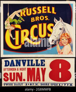 Russell Brothers Circus Poster (Russell Bros). Affiche de cirque vintage utilisée à Danville. 8 mai 1938. Banque D'Images