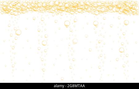 Fond de flux Golden Bubbles. Boisson gazeuse gazeuse, eau gazeuse, bière, soda, limonade, texture champagne. Illustration vectorielle réaliste. Illustration de Vecteur