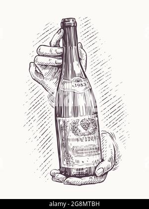 Bouteille de vin entre les mains dans un style vintage. Illustration du vecteur d'esquisse Illustration de Vecteur