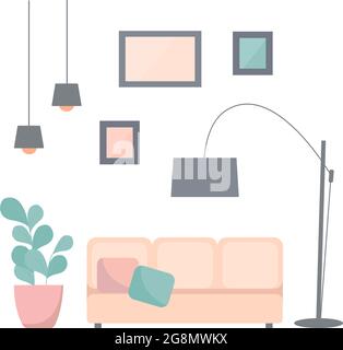 Un ensemble vectoriel de meubles et de décoration pour créer un intérieur moderne. Illustration vectorielle d'un salon, d'un canapé avec oreillers, d'un lampadaire, de peintures, d'une fleur dans un pot. Rose délicat, gris, menthe Illustration de Vecteur