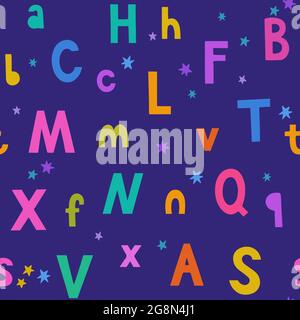 Motif sans couture avec lettres et étoiles dessinées à la main colorées et lumineuses pour les enfants et le motif et les accessoires pour bébé. Illustration de Vecteur