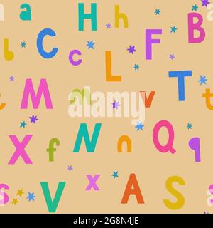 Motif sans couture avec lettres et étoiles dessinées à la main colorées et lumineuses pour les enfants et le motif et les accessoires pour bébé. Illustration de Vecteur
