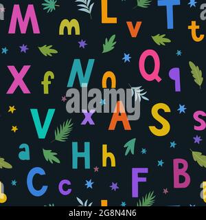 Motif sans couture avec lettres et étoiles dessinées à la main colorées et lumineuses pour les enfants et le motif et les accessoires pour bébé. Illustration de Vecteur