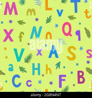 Motif sans couture avec lettres et étoiles dessinées à la main colorées et lumineuses pour les enfants et le motif et les accessoires pour bébé. Illustration de Vecteur