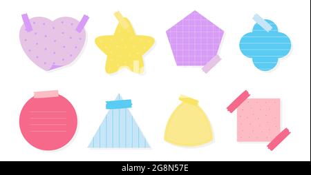 Jeu d'autocollants en papier de couleur plate. Formes diverses Bloc-notes de messages de rappel ou d'organiseur. Autocollant mémo avec différents motifs linéaires, croisés, en pointillés et en grille. Isolé sur une illustration vectorielle blanche Illustration de Vecteur
