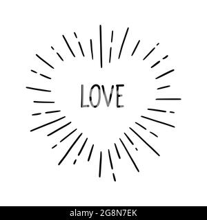 Cœur avec texte d'amour. Style d'esquisse dessiné à la main. Illustration vectorielle en forme de cœur pour cadre en forme de soleil, citation d'amour Illustration de Vecteur