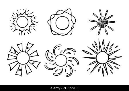 Ensemble de lunettes de soleil dessinées à la main. Les soleil brillent avec des poutres en forme de caniche. Illustration vectorielle noir et blanc isolée sur fond blanc Illustration de Vecteur