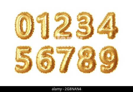 Jeu de 0,1,2,3,4,5,6,7,8,9 numéros de ballons en aluminium doré. Golden Realistic Numbers ballons pour la numérotation anniversaire, anniversaire, nouvelle année. Vecteur Illustration de Vecteur