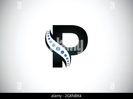 Lettre initiale du P monogramme avec logo de la colonne vertébrale chiropratique. Icône soins de la colonne vertébrale. Emblème de police. Logotype moderne pour les affaires orthopédiques Illustration de Vecteur