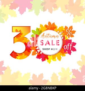 Numéro créatif de la vente d'automne. Affiche publicitaire saisonnière, couleurs rouge, jaune et orange, jusqu'à 30 % de réduction sur la bannière marketing d'entreprise. Publicités saisonnières d'automne Illustration de Vecteur