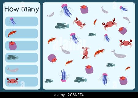 Mini jeu mathématique pour enfants - comptez combien d'animaux de mer - méduses, crevettes, anémone, wrasse à tête plate, béluga, crabe. Jeux éducatifs pour enfants. Modèle de dessin animé Illustration de Vecteur