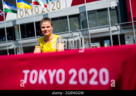 Le cycliste belge Lotte Kopecky pose pour le photographe lors d'une conférence de presse, dans le cadre des préparatifs des 'Jeux Olympiques de Tokyo 2020' sur Fuji sp Banque D'Images