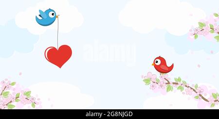 fichier vectoriel eps avec des oiseaux rouges et bleus amoureux, volant et assis sur des branches avec des fleurs et des feuilles vertes au printemps, tenant de grands hea Illustration de Vecteur