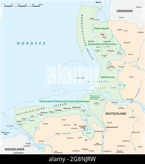 Carte vectorielle des trois parcs nationaux de la mer des Wadden en allemand, Allemagne Illustration de Vecteur