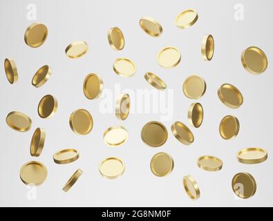 Explosion de pièces de monnaie dorées sur fond blanc. Concept de zone de sélection de jackpot ou de casino. rendu 3d. Banque D'Images