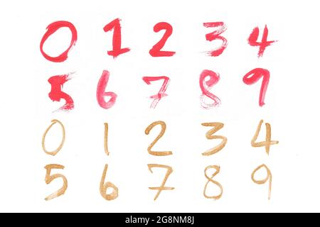 Ensemble d'alphabet - nombre isolé sur fond de papier blanc. Le nombre '0 - 9' est écrit par le café et la coloration à l'aquarelle. Banque D'Images