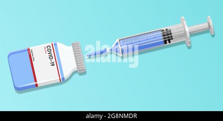 Antécédents de vaccination contre le coronavirus. Aiguille médicale entrant dans le flacon en verre du vaccin COVID-19. Illustration vectorielle Illustration de Vecteur