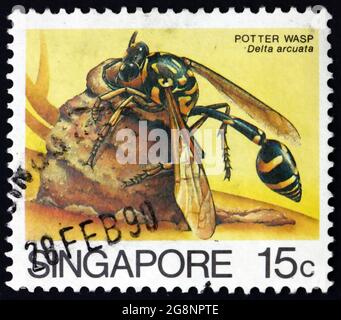 SINGAPOUR - VERS 1985: Un timbre imprimé à Singapour montre la guêpe potier, le delta arcuata, l'insecte, vers 1985 Banque D'Images