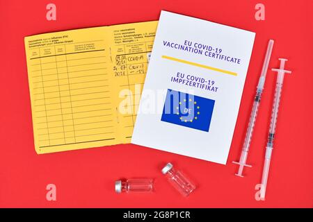 Certificat de vaccination eu COVID-19 sur papier, passeport vaccinal et seringues avec flacons sur fond rouge Banque D'Images