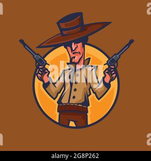 Cowboy tenant des revolvers. Art concept Wild West de style dessin animé. Illustration de Vecteur