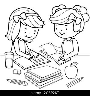Les étudiants font leurs devoirs. Enfants faisant leurs devoirs sur un bureau dans la salle de classe de l'école. Coloriage noir et blanc. Banque D'Images