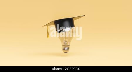 ampoule lumineuse avec chapeau de graduation sur fond beige. concept d'éducation et de retour à l'école. rendu 3d Banque D'Images