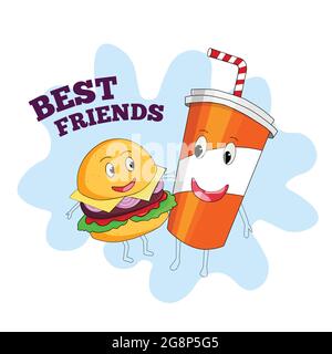 Les hamburgers et les boissons froides célèbrent la fête de l'amitié. L'affiche montre que les hamburgers et les boissons froides sont les meilleurs amis. Illustration de Vecteur