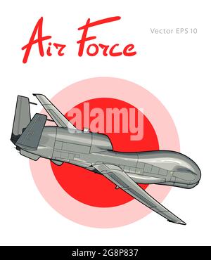 Dessin technique d'un drone de guerre, mission militaire aérienne sans pilote isolée en arrière-plan. Illustration de Vecteur