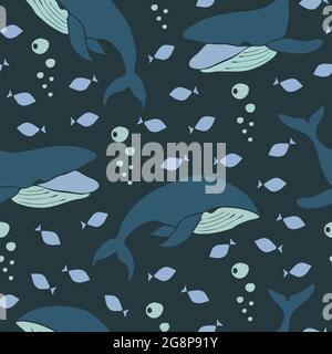 Motif vectoriel sans couture avec baleines et poissons sur fond bleu foncé. Papier peint sous-marin simple.