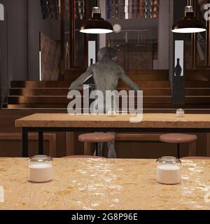 illustration 3d d'un étranger gris de retour au-dessus d'une barre et regardant vers le bas. Banque D'Images