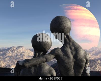 illustration 3d de deux étrangers gris dont l'un a un bras sur l'épaule tout en regardant un paysage d'un autre monde. Banque D'Images