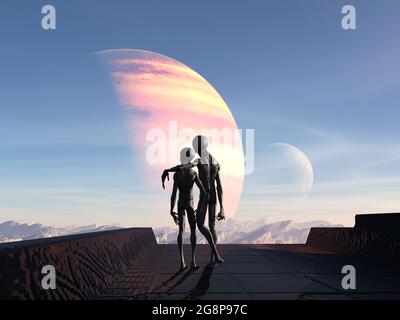 illustration 3d de deux étrangers gris regardant une planète sur une plate-forme avec un bras sur les épaules de l'autre. Banque D'Images