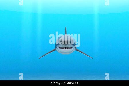 illustration 3d d'un grand requin blanc nageant à travers l'eau bleue de l'océan près d'un fond marin sablonneux. Banque D'Images