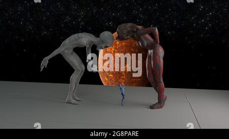 illustration 3d d'une femme et d'un étranger gris debout sur une plate-forme regardant vers le bas une petite extraterrestre qui lui agite avec une planète rouge flamboyante a Banque D'Images