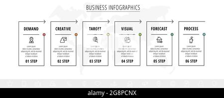 Ligne de la ligne de temps infographique minimale avec des éléments rectangulaires de 6 étapes. Modèle de processus de graphique avec flèches. Vecteur moderne pour les entreprises ou les entreprises Illustration de Vecteur