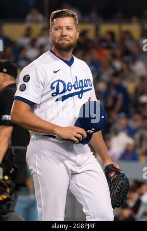 Le pichet de secours des Dodgers de Los Angeles Blake Treinen (49) lors d'un match de MLB contre les Giants de San Francisco, le mercredi 21 juillet 2021, à Los Angeles, ENV Banque D'Images