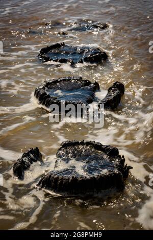 Des poteaux de brise-lames en bois dans une rangée menant dans la mer ont brouillé les vagues de l'océan dans la marée basse pour le concept et l'espace de copie. Banque D'Images